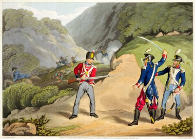 A British Soldier Taking Two French Officers at the Battle of the Pyrenees, engraved by Matthew Dubourg from 